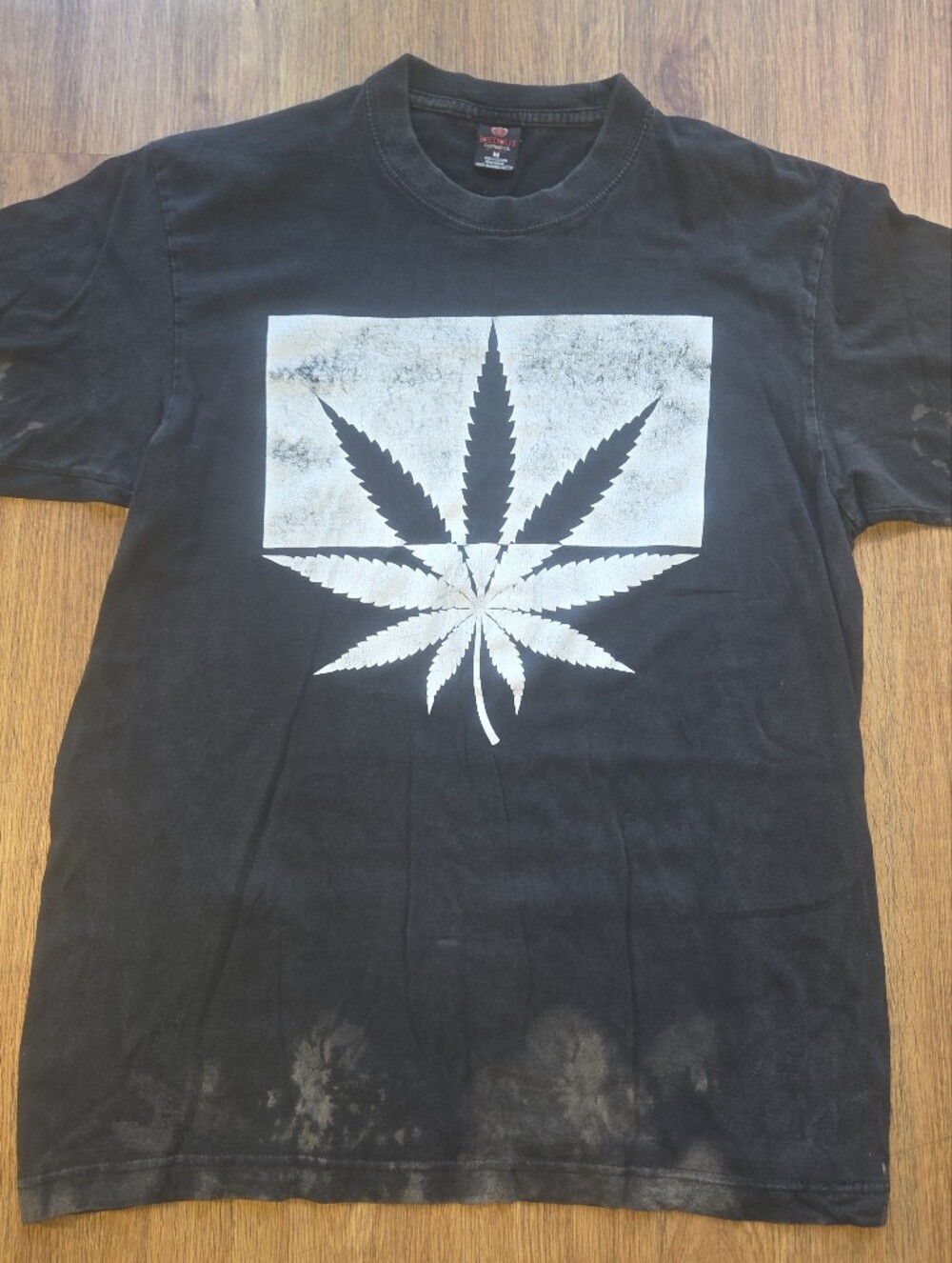 Black Short Sleeve Graphic Tee with White Leaf Print